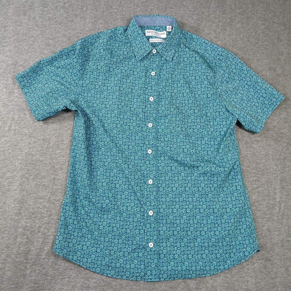 Nick Graham Shirt Mens Medium Everywhere Stretch Modern Fit Teal Floral EUC